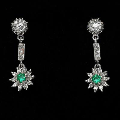 9ct White Gold Emerald and Diamond Drop Earrings