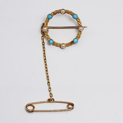 9ct Yellow Gold Seed Pearl and Turquoise Circle Wreath Brooch