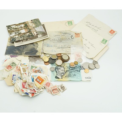 Group of Antique Postcards, Envelopes, Stamps and International Coins