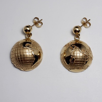 14ct Yellow Gold Hollow Half World Globe Drop Earrings 