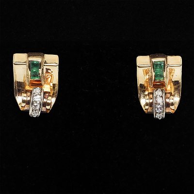 22ct Yellow Gold Art Deco Scroll Earrings with Emeralds and Diamonds Circa 1930