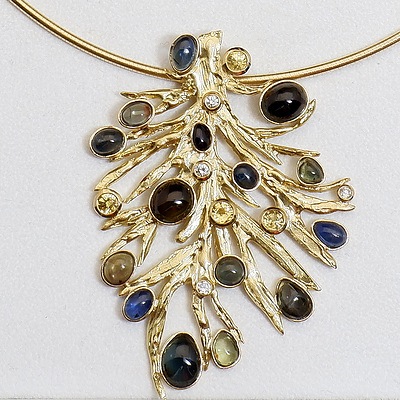 18ct Gold Tree Style Pendant with Mixed Cabochons and Facetted Coloured Sapphires and Three Round Brilliant Cut Diamonds