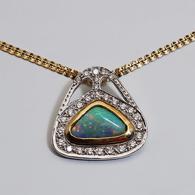 18ct Yellow and White Gold Pendant with Triangular Solid White Opal Cabochon Surrounded Pave Set Diamonds