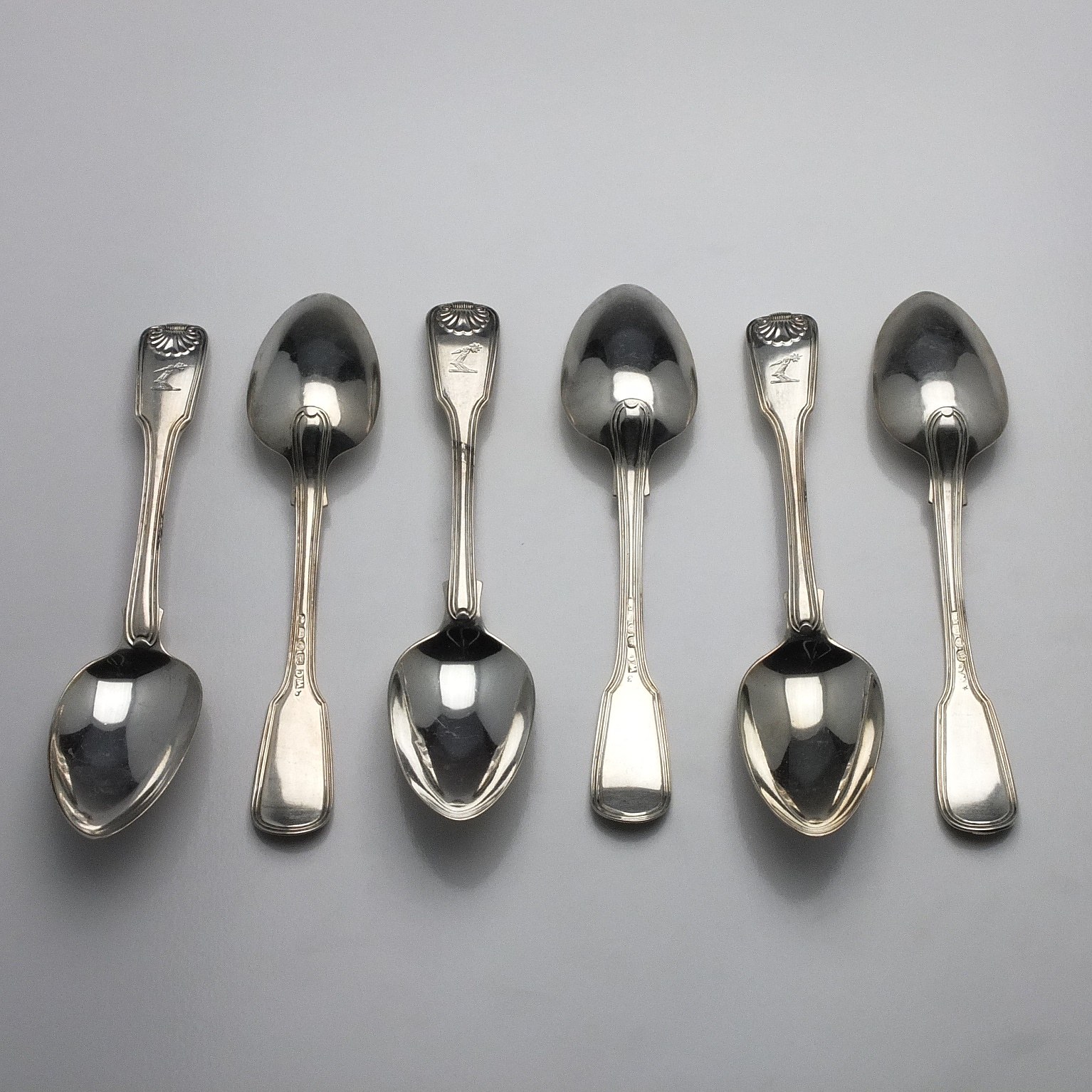 'Six Crested Sterling Silver Spoons William Chawner II London 1831 and Richard Poulden London 1819'