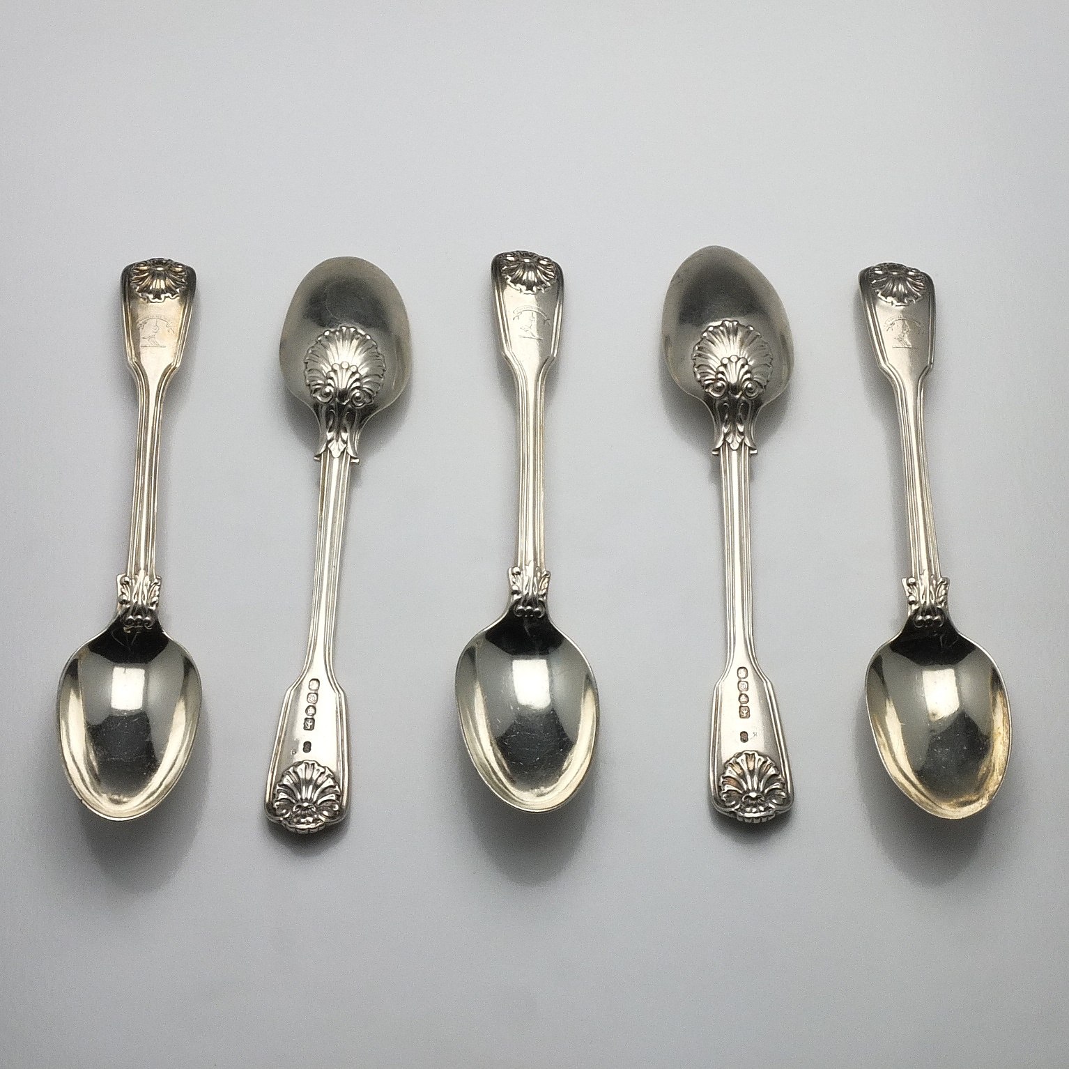 'Five Victorian Crested Sterling Silver Spoons Chawner & Co and Mary Chawner & George W Adams London 1838'