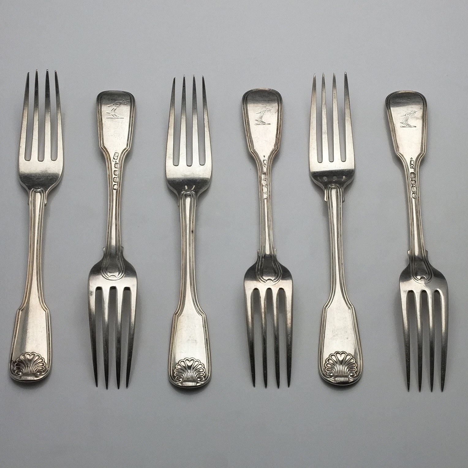 'Six Georgian Crested Sterling Silver Entree Forks, Including Three William Chawner II London 1831'