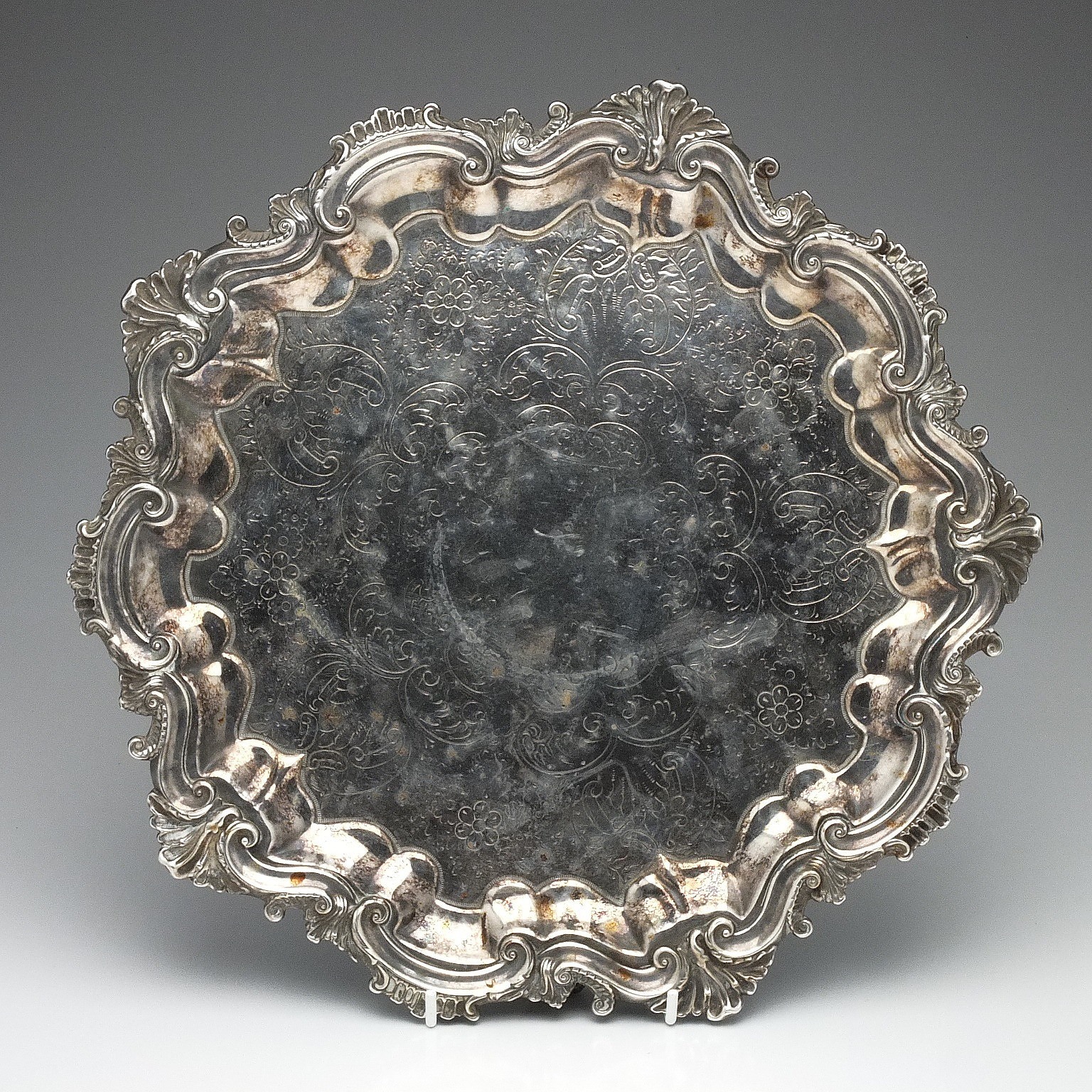 'English Silver Plate Chased, Bright Cut and Engraved Footed Dish'