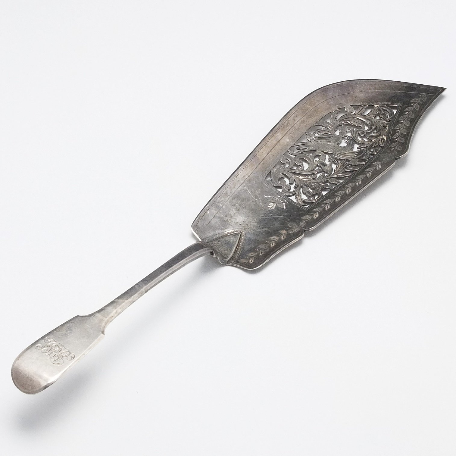 'Georgian Monogrammed Sterling Silver Fish Server with Bright Cut and Pierced Peacock and Acorn Blade A B Savory & Sons London 1833'