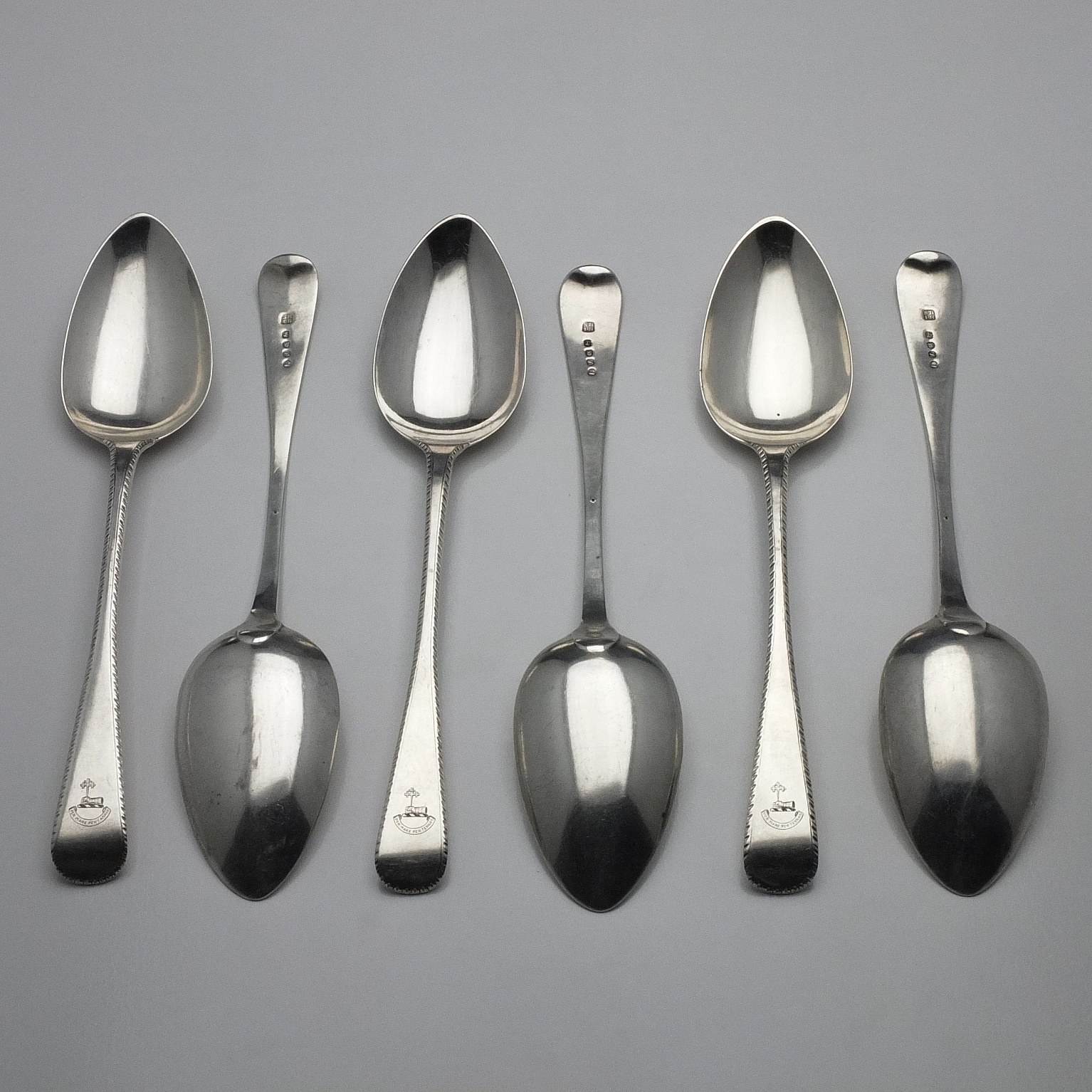 'Six Georgian Crested Sterling Silver Bright Cut Table Spoons Sarah & John William Blake London 1833'