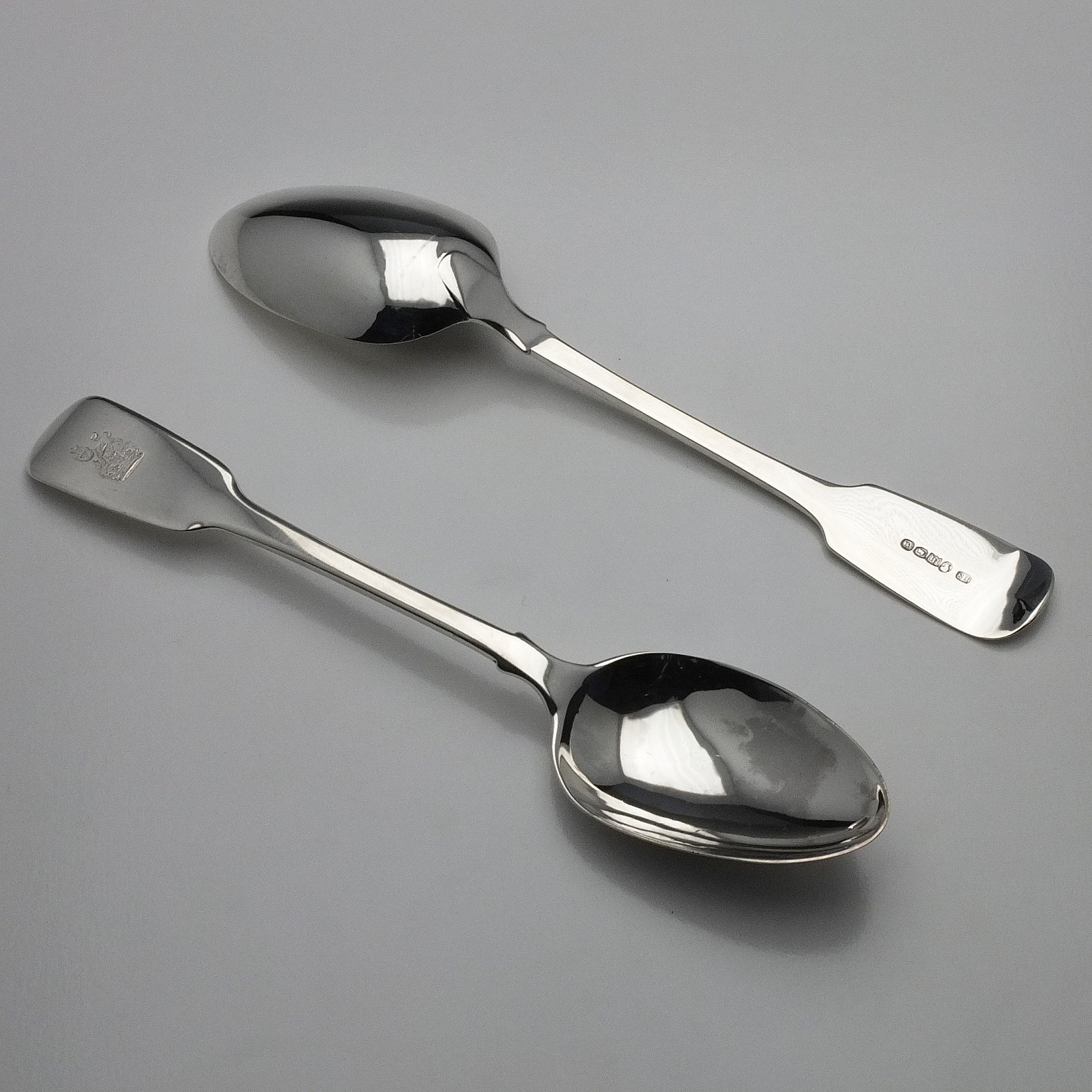 'Pair of Victorian Crested Sterling Silver Table Spoons Edwin Henry Sweet Exeter 1839'
