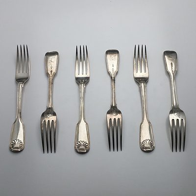 Six Georgian Crested Sterling Silver Mains Forks, Including Four William Chawner II London 1831 