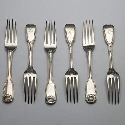 Six Georgian Crested Sterling Silver Entree Forks, Including Three William Chawner II London 1831 