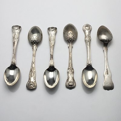 Six Victorian Sterling Silver Kings Pattern Teaspoons, Including Three Chawner & Co London 1864