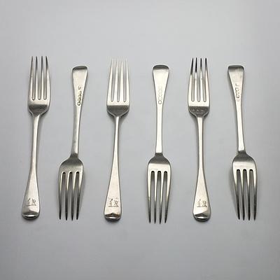 Six Georgian Crested Sterling Silver Entree Forks Including Four William Eley & William Fearn London 1821