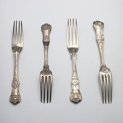 Four Sterling Silver Kings Pattern Entree Forks 1828, 1856, 1904 ,1964