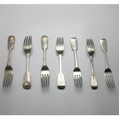 Seven Victorian Sterling Silver Mains Forks, Including Three Elkington & Co Birmingham 1884