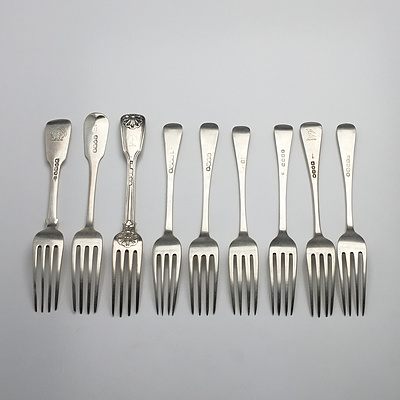 Nine Various Georgian and Victorian Sterling Silver Entree Forks, Including London 1828, 1823, 1821, 1816, 1838, 1794 and More 