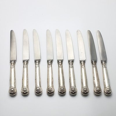 Nine Victorian Sterling Silver Handled Kings Pattern Entree Knives Chawner & Co London