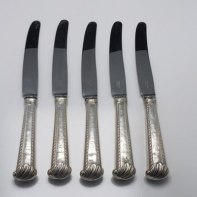 Five Crested Sterling Silver Handled Mains Knives