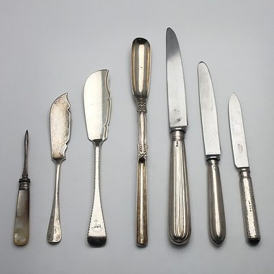 Sterling Silver Marrow Scoop, Two Sterling Fish Servers, Three Sterling Handled Knives and a Mother of Pearl and Sterling Sewing Hook