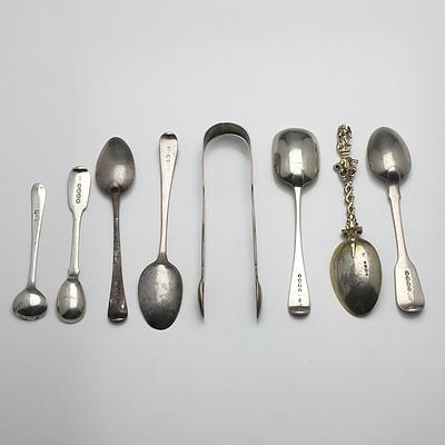 Crested Sterling Silver Pair of Sugar Tongs, Five Sterling Teaspoons and Two Sterling Condiment Spoons