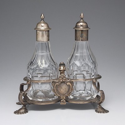 George III Crested Sterling Silver and Cut Crystal Two Bottle Oil and Vinegar Stand Robert Calderwood Dublin Circa 1760