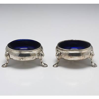 Pair of George III Sterling Silver Open Salts With Bristol Blue Glass Inserts John Muns London 1759