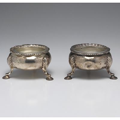 Pair of George II Sterling Silver Open Salts with Shell Form Feet London Circa 1749