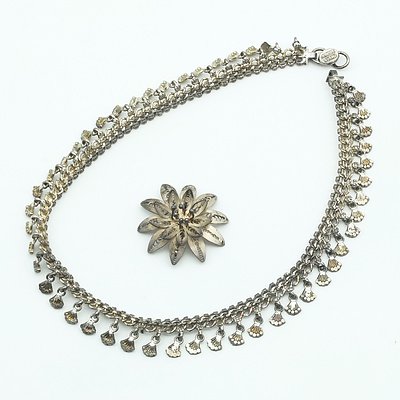 Indian Silver Collier and Indian Silver Filigree Flower Brooch