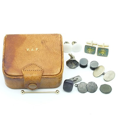 Tie Bar, Ancient Coin, Monogrammed English Leather Box, Tumbled Piece of Amethyst and More