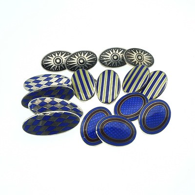 Four Pairs of Sterling Silver and Enamel Double Cufflinks