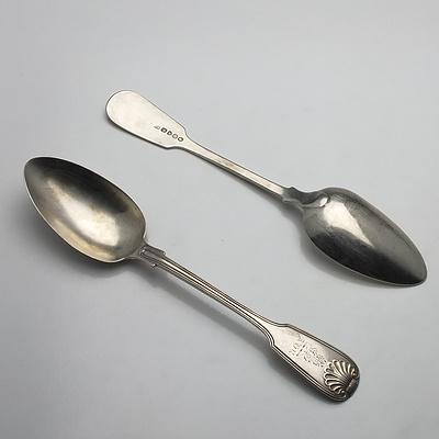 Pair of Georgian Crested and Monogrammed Sterling Silver Serving Spoons William Schofield London 1828