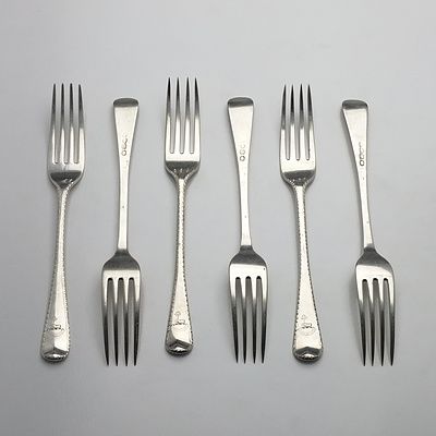 Six George III Crested Sterling Silver Bright Cut Entree Forks London 1816 and 1817
