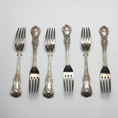 Six Victorian Monogrammed Sterling Silver Kings Pattern Entree Forks John Aldwinckle & Thomas Slater London 1888