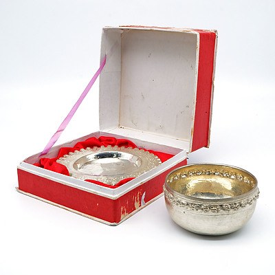 Small Hand Raised Asian Silver Bowl and Tray, Boxed
