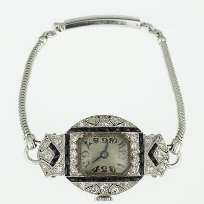 Art Deco 10ct White Gold Ladies Gemex Wrist Watch with Large Border Set with Single Cut Diamonds And Black Onyx