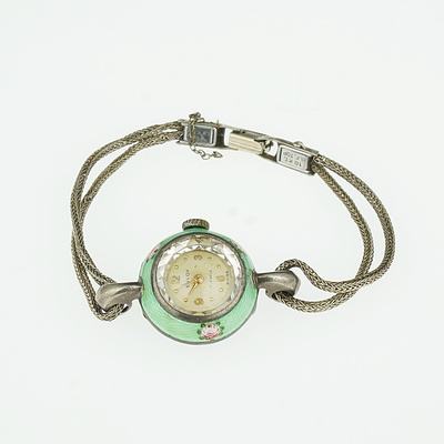 10ct White Rolled Gold Ladies Envoy Wrist Watch 17 Jewel Swiss Movement with Green Enamel And Floral Border