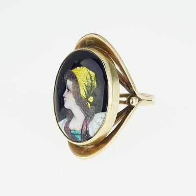 Antique 14ct Yellow Gold Ring with Limoges Enamel Portrait of Peasant Girl in A Decorative Frame