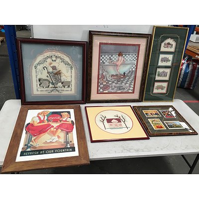 Framed Embroideries and Offset Prints - Lot of Twenty