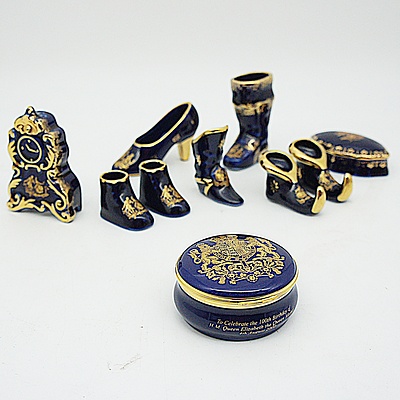 Collection of Cobalt Blue and Gilt Limoges Shoes, Trinket Box, Clock Shaker And Crummles Limited Edition English Enameled Trinket Box featuring Queen Mother Crest