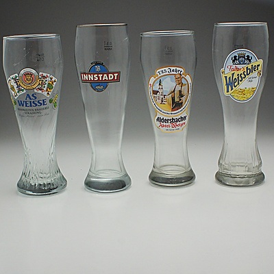 Collection of Four German Branded Beer Glasses including As Weisse, Innstadt, Aldersbacher, and Weissbier