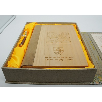 Chinese Rugby Union Memorabilia with Postage Stamps and Wooden Book