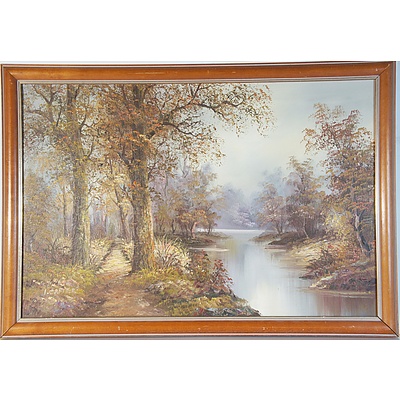 Three Large Oil on Board Landscape Paintings Including Artists Goodman and Cafieri