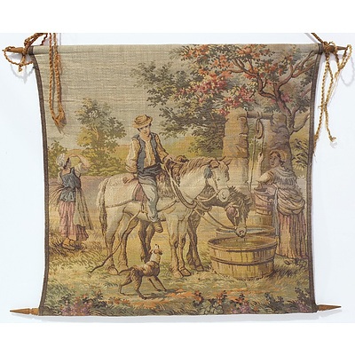 Vintage Tapestry Wall Hanging of a Gentleman Watering his Horse by the Well