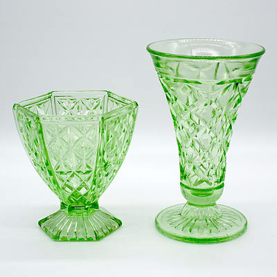 Two Green Depression Glass Vases
