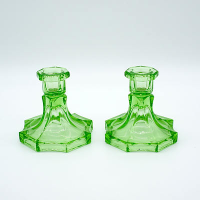 Pair Green Depression Glass Candle Holders