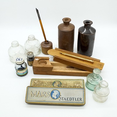 Swan Glass Ink Bottles, Gold Filled Pencil, Two Stoneware Vessels and More 