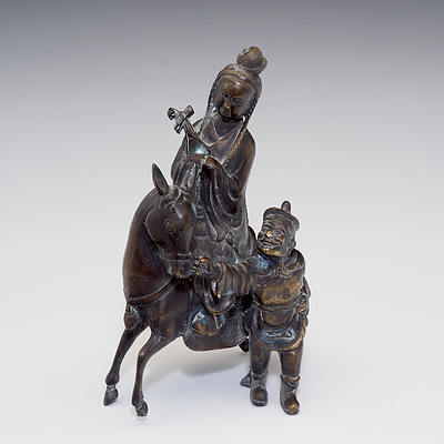Chinese Bronze Figure of a Musician on Horseback with Attendant