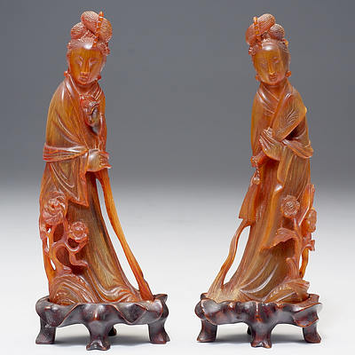 Pair of Chinese Carved Horn Figures of Guanyin on Fitted Hardwood Stands