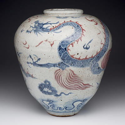 Very Large Chinese Blue and Copper Red Dragon Jar